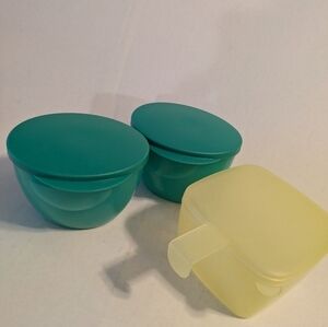 2 oval Tupperware containers plus 1 Fridge Forget Me Not onion,tomato keeper.